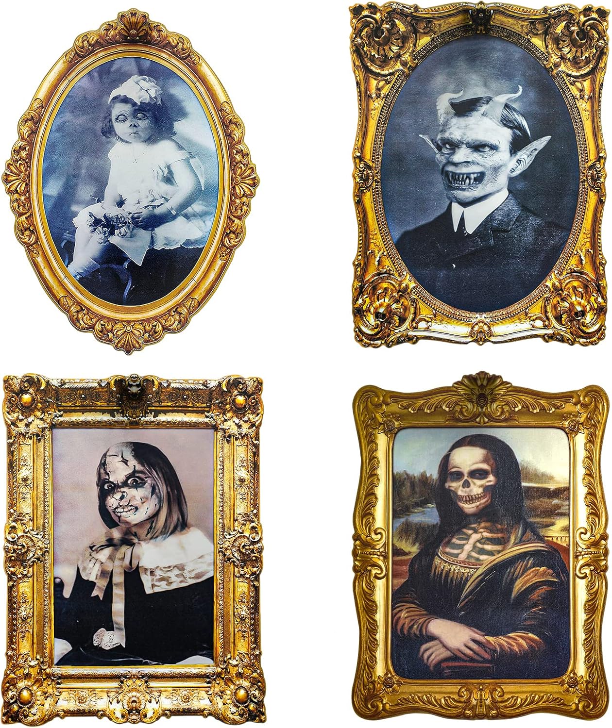 ECGER Halloween Decorations Indoor, Haunted Scary Decor - 3D Changing Face Pictures, Vintage Moving Wall Portraits Frame, For Horror Spooky Party Mansion Castle House Home Decoration(4 Pieces)